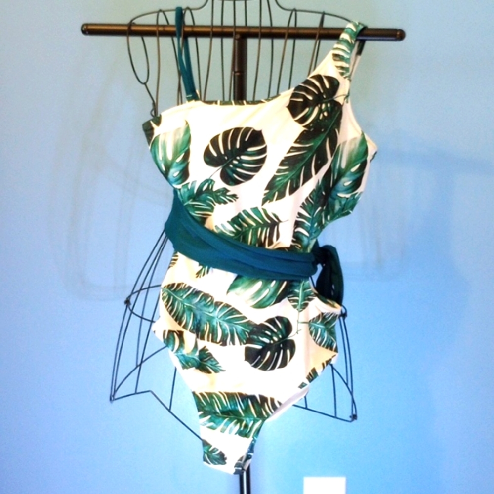 One Piece Swimsuit Cutout Padded Vintage Sexy High Cut One Shoulder sz L NWT